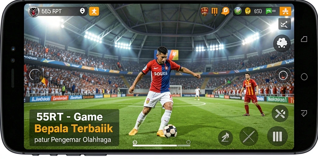Screenshot gameplay 55RT menunjukkan aksi seru di lapangan sepak bola.