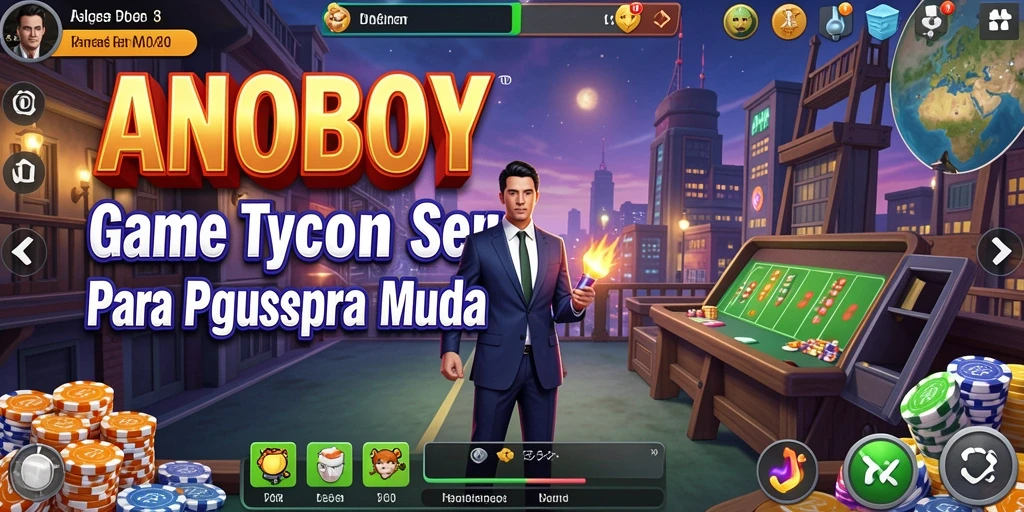 Screenshot gameplay ANOBOY menampilkan suasana sibuk di dunia bisnis.