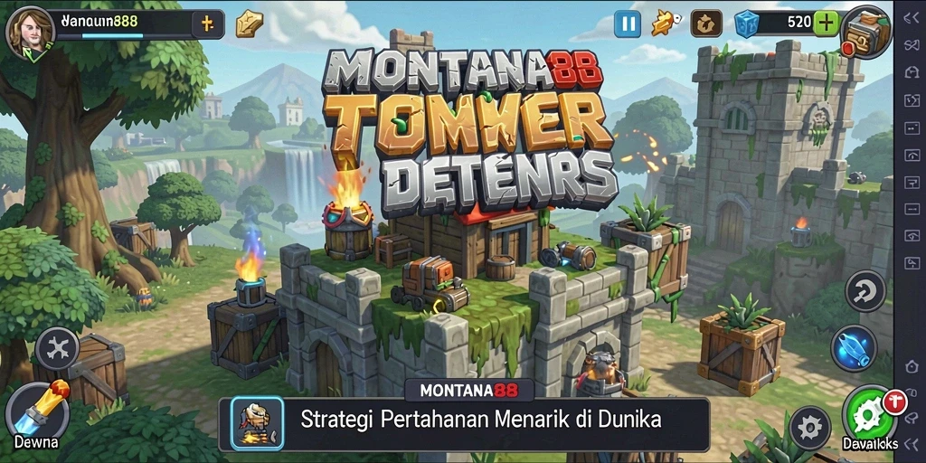 Screenshot gameplay MONTANA88 menampilkan pertahanan tower melawan gelombang musuh.