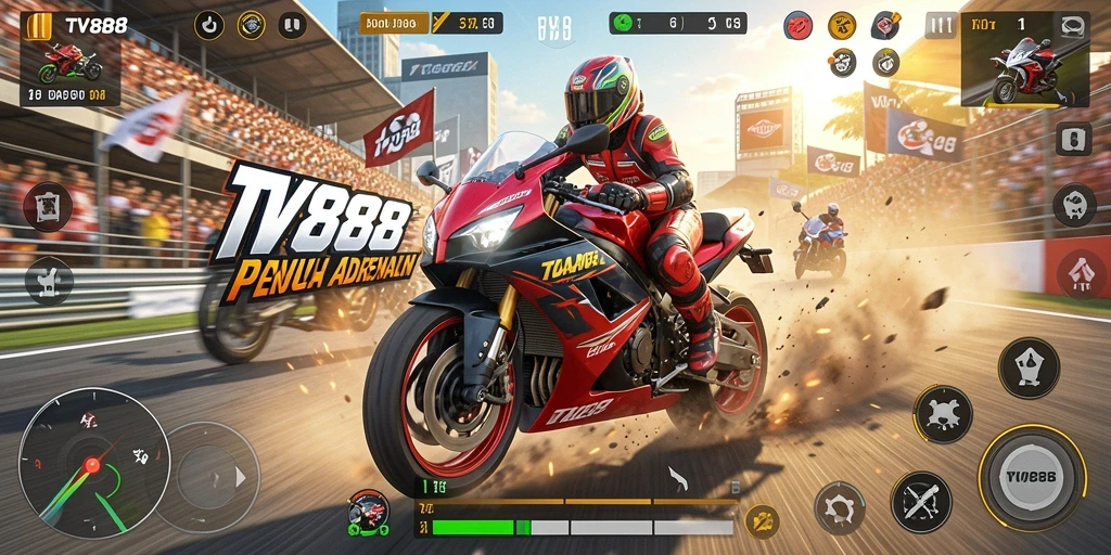 Screenshot gameplay TV888 menunjukkan aksi balapan motor yang seru dan mendebarkan.